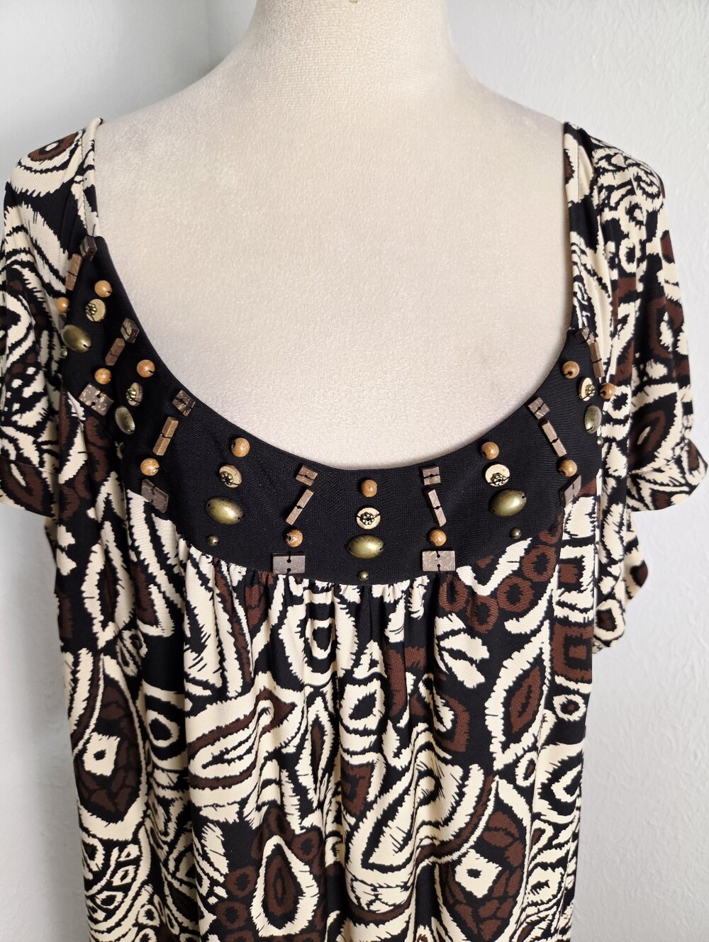 Robbie Bee Black, White & Brown Patterned Midi-Dress, Studded Scoop, Size 24W - Picture 3 of 7